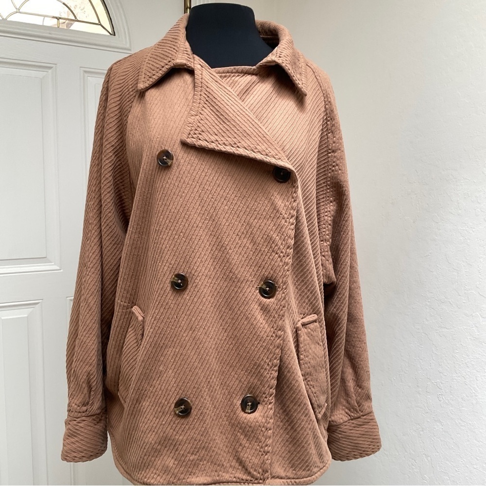 Free People  Remi Cord Coat Jacket Double Breasted Size Large Tan - Picture 3 of 15